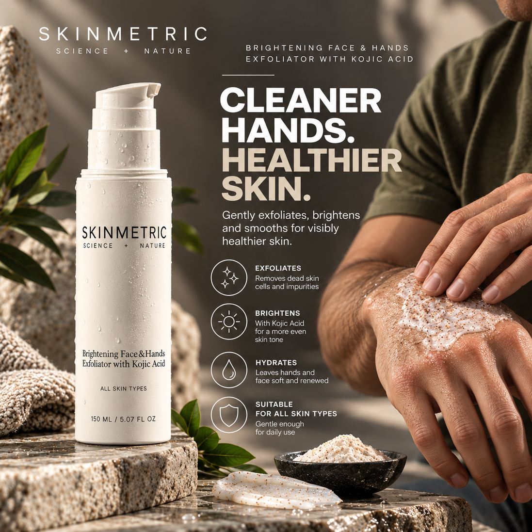 Men's Brightening Face & Hands  Exfoliator with Kojic Acid